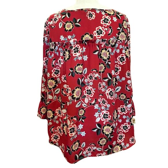 Valerie Stevens Floral Print Blouse 1X Plus Size Red‎ Long Sleeve Polyester - Picture 9 of 10
